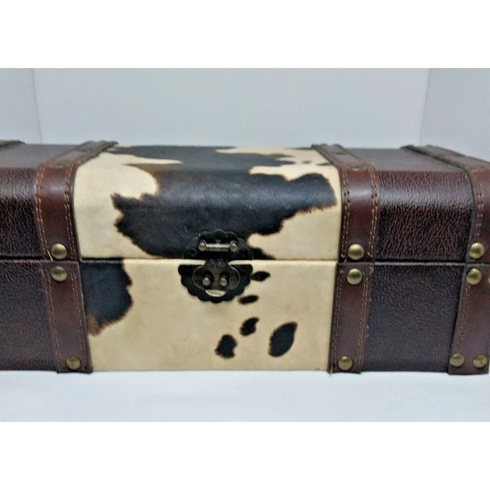 Faux Cowhide Leather Jewelry Box Brown Felt Lining 12